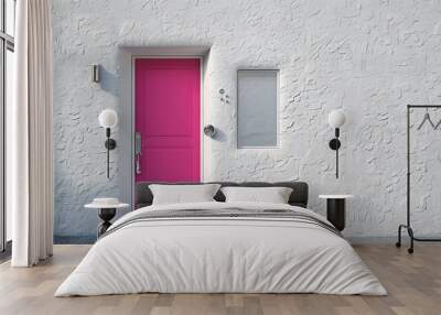 door in bright fuchsia, accented with chrome fixtures and a frosted glass transom, set in a wall of smooth, white stucco Wall mural