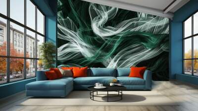 Dynamic interlace of white and emerald green threads on a dark canvas, creating a modern and striking space for text Wall mural