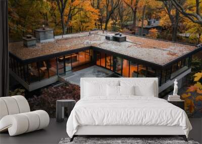 erial view of a Suburban Mid-Century Modern home with a flat roof and extensive use of glass, nestled in autumn foliage Wall mural