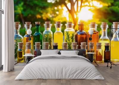 Glass Bottles with Herbs and Spices on Wooden Surface with Lush Greenery and Sunset, herbs in bottle, bottles of herbs, medicine, natural medicine Wall mural