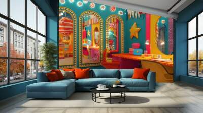 Home office with a vibrant carnival theme, featuring bright colors, festive decorations, and funhouse mirrors Playful and energetic Wall mural