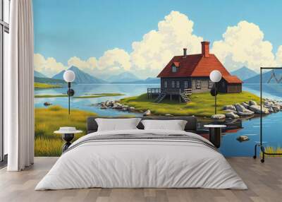 Illustration of a Scandinavian landscape with old house on shore of beautiful clean waters and beautiful nature with blue sky Wall mural