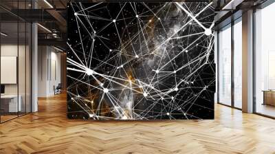 Intricate network of white and amber lines against a cosmic black sky, designed for high-tech text integration Wall mural