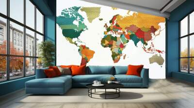 Intricately designed knitted world map with color coding, on white. Wall mural