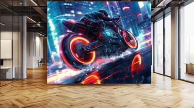 A futuristic motorcycle rides through the streets of a futuristic neon Cyberpunk City. Wall mural