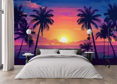 Bright sunset over a tropical sea with palm tree silhouettes and a peaceful beach horizon. Wall mural