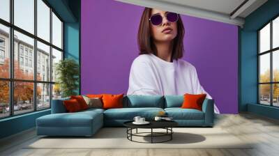 close up of young Woman model wearing white casual sweater, casual sweater mockup material on purple background.AI generated Wall mural