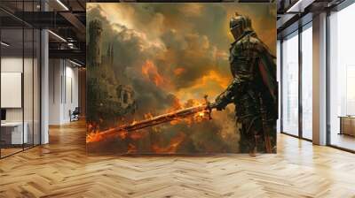 Fantasy medieval knight with armor and helmet holding fire sword ready to fight on castle background Wall mural