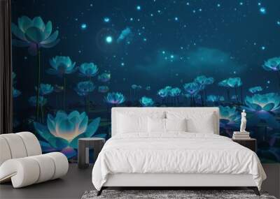 Illustration of a beautiful blooming lotus flower illuminated by starlight and moonlight. Wall mural