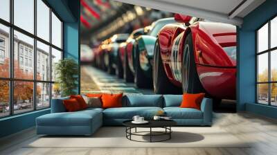 Race Cars Lined Up On Starting Grid Wall mural