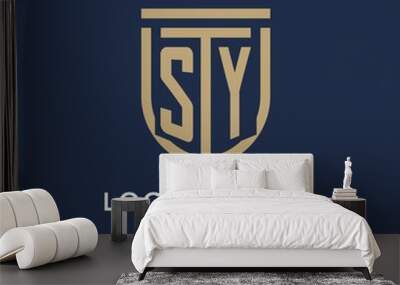 Letter SY shield logo style, luxury and elegant monogram logo design with gold color and dark background Wall mural