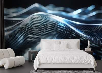 Luminous mesh of silver and electric blue lines on a dark background, creating a high-tech atmosphere suitable for text Wall mural