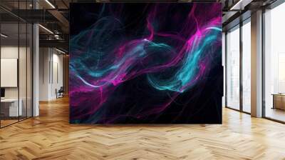 Luminous threads of magenta and cyan creating a dynamic abstract pattern on a black backdrop, text-friendly Wall mural