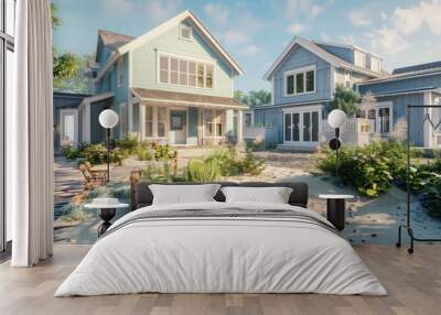 modern suburban farmhouse with a coastal theme, featuring light blue exteriors, white trim, and a sand garden Wall mural