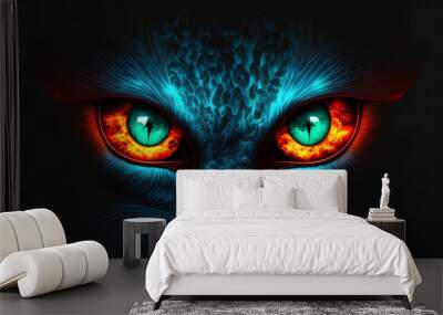 neon color, blue and orange evil cat eyes, generative ai Wall mural