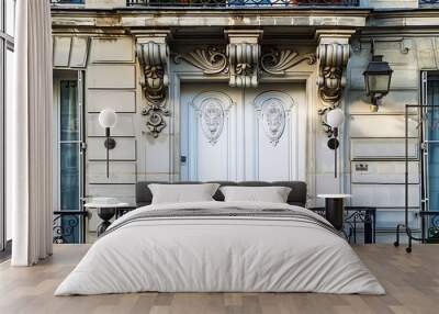 pearl white door with art nouveau designs on a classic Parisian apartment, with wrought iron balcony details Wall mural