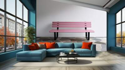 Pink bench in front of white wall, wall, bench, pink, white, background, green, beauty Wall mural