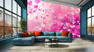 Pink blue defocused heart shaped confetti or light bokeh abstract background. St.Valentine's Day,Love Wedding concept.Banner for design with copy space.AI generated Wall mural