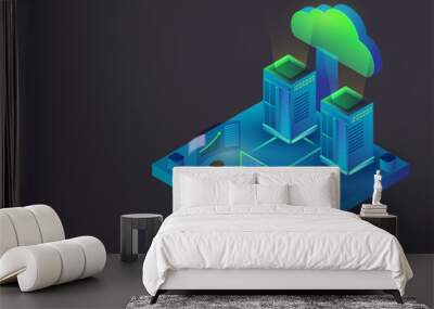 3D data server connected with cloud server, man analysis the data, Isometric design for Data Management or storage concept. Wall mural