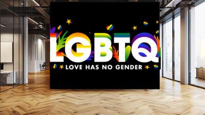 3D text LGBTQ decorated with colorful leaves on black background. Can be used as banner or poster design. Wall mural