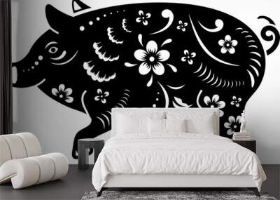 B&W illustration of chinese zodiac pig icon. Wall mural