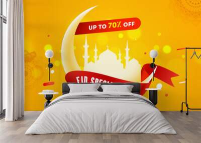 Banner or poster design for Eid Special Sale offer. Text written on red stripe with Mosque and moon decoration. Wall mural