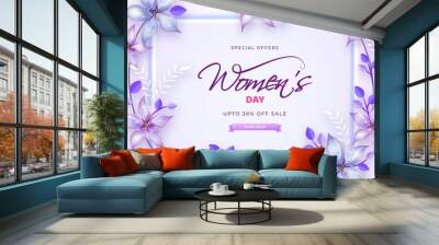 Beautiful poster or template design decorated with flowers and 30% discount offer for women's day celebration. Wall mural