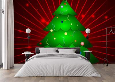 Christmas greeting or gift card with Xmas tree on red rays backg Wall mural