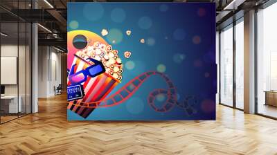 Cinema movie concept based poster or banner design with illustration of Popcorn, 3D Glasses, Tickets and Film Reel on shiny blue background. Wall mural