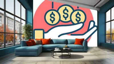 Dollar coin on hand icon in yellow and red color. Wall mural