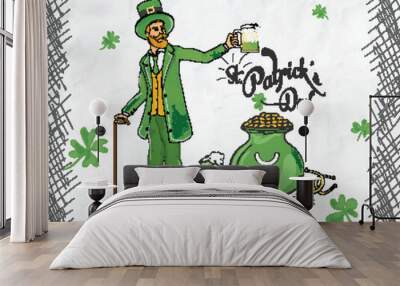 Doodle style illustration of leprechaun man character with cauldron on crumpled paper texture background. St Patricks Day poster design. Wall mural