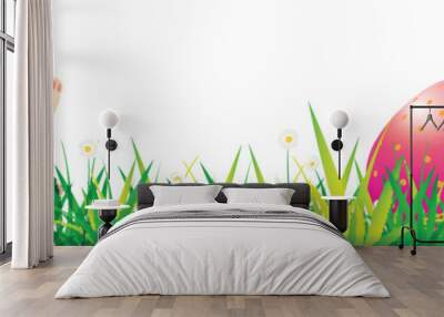 Easter Festival Background with Cute Bunny Character, Colorful Eggs Hidden in Green Grass Field. Wall mural