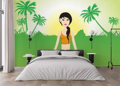 female doing yoga on green invirement Wall mural