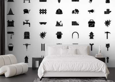 Flat Style Construction Icon Set in B&W Color. Wall mural