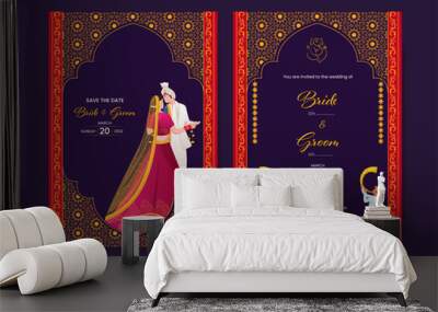 Floral Wedding Invitation Card With Indian Bridegroom Character And Event Details. Wall mural