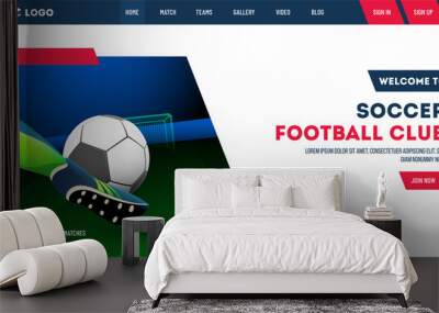 Football player kicking the soccer ball on night stadium background. Soccer club landing page design. Wall mural