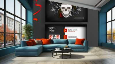 Front and back view of business card or visiting card design with skull for Tattoo Artist. Wall mural