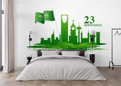 Illustration of Saudi Arabia National wavy Flag with Famous Monuments for 23rd September, Kingdom Of Saudi Arabia National Day celebration poster design. Wall mural