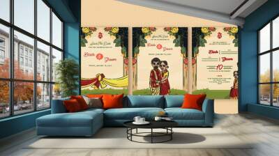 Indian Floral Wedding Invitation Card Templates with Bride Groom Character in Traditional Attire. Wall mural