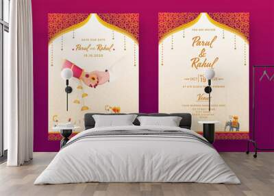 Indian Wedding Invitation Card, Template Layout with Venue Details in Front and Back View. Wall mural