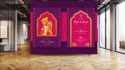 Indian Wedding Invitation Card With Hindu Bridegroom Character In Purple And Pink Color. Wall mural