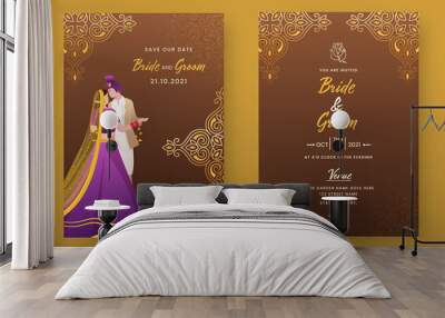 Indian Wedding Invitation Template Layout In Front And Back View. Wall mural