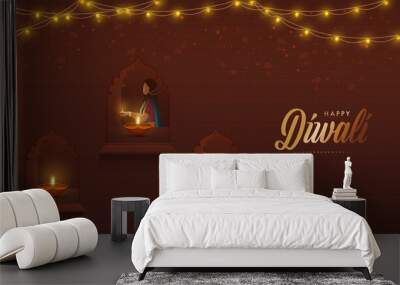 Indian Woman Decorated Windows From Lit Oil Lamps (Diya) And Lighting Garland On Brown Background For Diwali Celebration. Wall mural