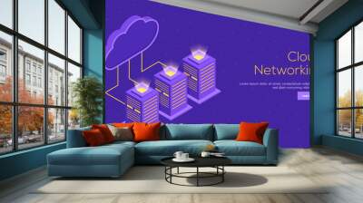 Isometric illustration of cloud server connected with 3 local servers for Cloud Networking landing page or website template concept. Wall mural