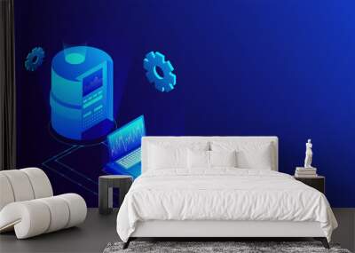 Isometric illustration of database connected with laptop on glossy blue background for Data Center concept. Wall mural