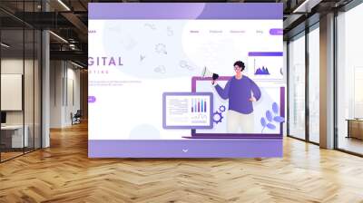 Man online announcement from loudspeaker in laptop with info graphic website for Digital Marketing concept based landing page design. Wall mural