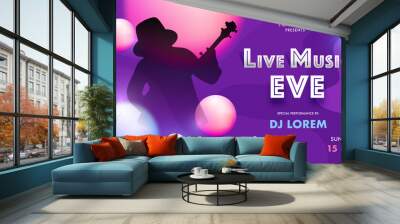 Music Event Invitation, Flyer Design with Silhouette Guy Playing Guitar and 3D Sphere Decorated on Purple Abstract Background. Wall mural