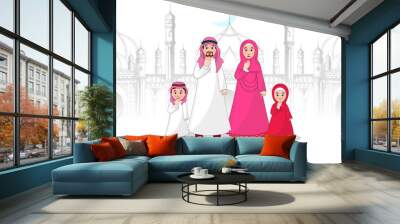 Muslim family character in front of mosque in sketching style. Wall mural