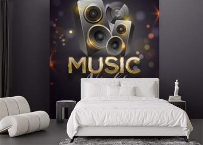 Realistic sound speakers on black bokeh background for Music night party poster or template design. Wall mural