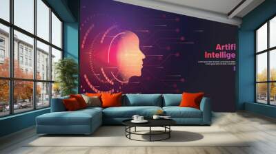 Responsive web banner design with illustration of human face on hi tech background for Artificial Intelligence (AI) concept. Wall mural